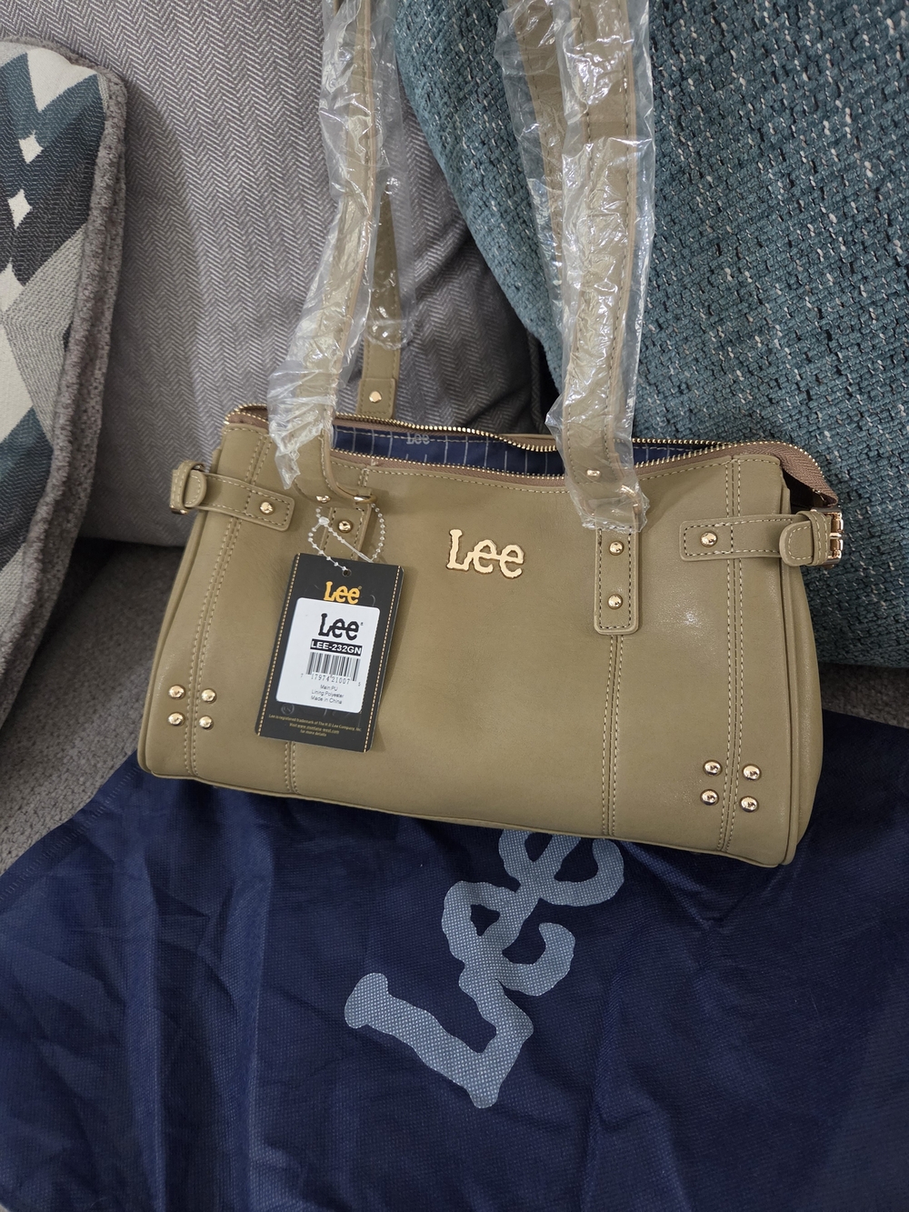 NWT Lee Vegan Leather Satchel Shoulder Bag Tan Khaki Gold Hardware